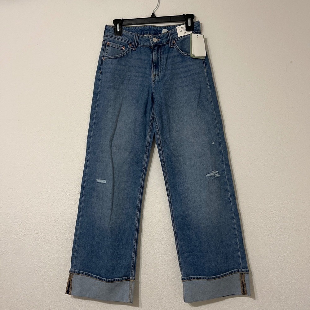 HM Wide Leg Jeans Low Rise Distressed Cuffed Blue Denim Size 20 NWT